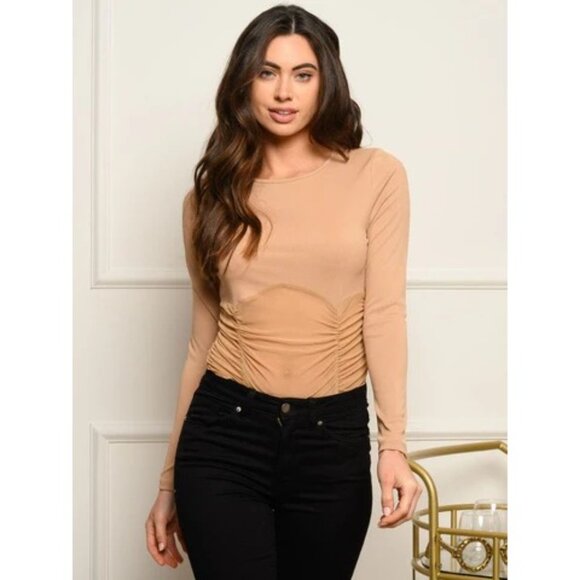 Women’s Long Sleeve Ruched Mesh BODYSUIT Beige Size Large - Picture 2 of 5